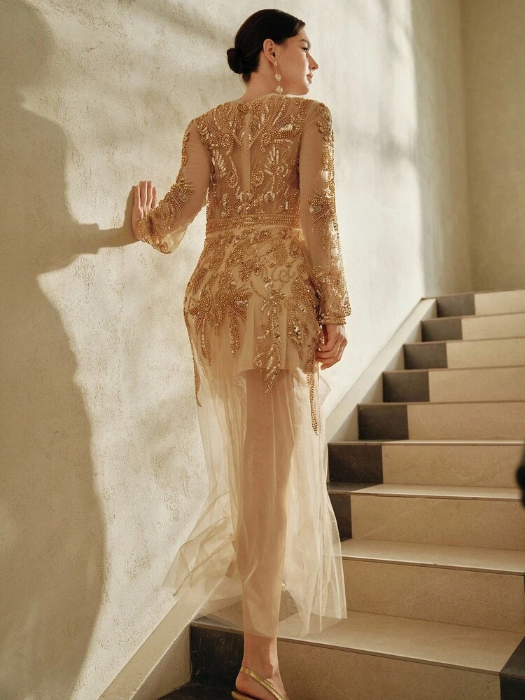 Abito da sera da donna a maniche lunghe, scollo a V profondo, con paillettes e perline, in tessuto trasparente di lusso per feste