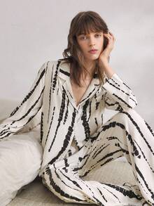 Ocili 舒适简约条纹女士睡衣套装，秋冬服装 - 黑與白 - 查看 7