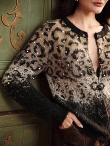 Anewsta Women's Casual Short Rhinestone Leopard Print Knit Cardigan - Multicolor - View 1