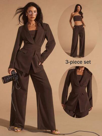 Glamine 3pcs Women's Brown Shawl Neck Suit Set, Women's Casual Commuter Versatile Suit Set, Suitable For Office, Commute, Outing, Loose Casual Suit Set Fall Cloth For Women Women Office Suit Brown Suit Women 3 Pieces Suit Set Classy Women Suit Set