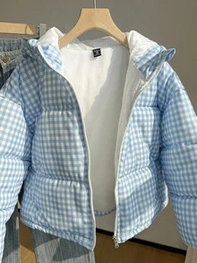 女童保暖连帽格子宽松棉服外套，适合寒冷的冬天 - 藍色 - 查看 6