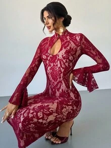 Firerie Women's Elegant Romantic Alluring Party Cocktail Dress, Burgundy Lace Hollow Design Flare Sleeve Slim Fit, Suitable For Autumn & Winter,Sexy,Red Corset,Christmas,Dresses For Women Elegant - Burgundy - View 5