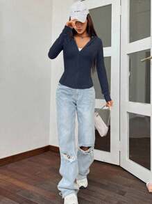 SHEIN EZwear Women's Hooded Zippered Sweatshirt In Fall/Winter - Navy Blue - View 5