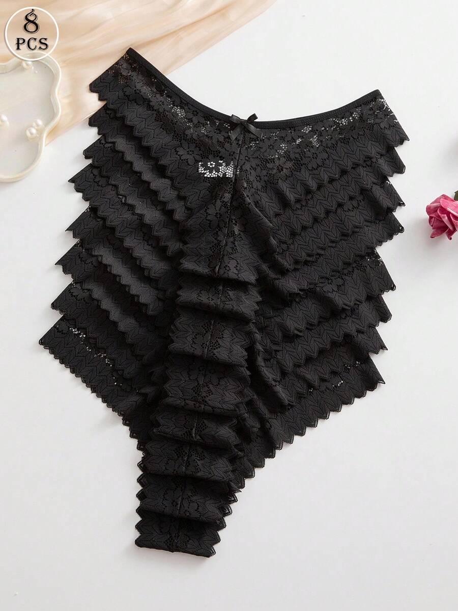 SHEIN 8件套浪漫性感蕾丝女士比基尼内裤，多色 - 黑色 - 查看 1