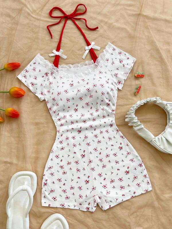 Soleia Women's Retro Red & White Ditsy Floral Lace Trim Splice Contrast Color Halter Jumpsuit With Cute Bow Decor, Ballerina Style Summer Top Summer Spring Valentine's Day Casual Vacation  Beach Wedding Birthday Going Out Elegant Casual Vacation Cute Romper Women Cotton Rompers For Women Women Summer Clothes Set Cherry Outfit Women Two Piece Set Women Short Sleeve