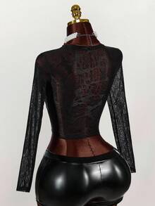 Amplova Women's Hollow-Out Design Round Neck Long Sleeve Sexy Fitted Lace Blouse