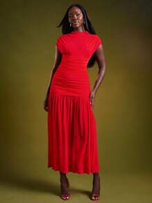 NYA SZN 红色褶饰立领超长连衣裙，带短袖，适合工作、婚礼宾客、节日派对和正式活动 - 紅色 - 查看 1