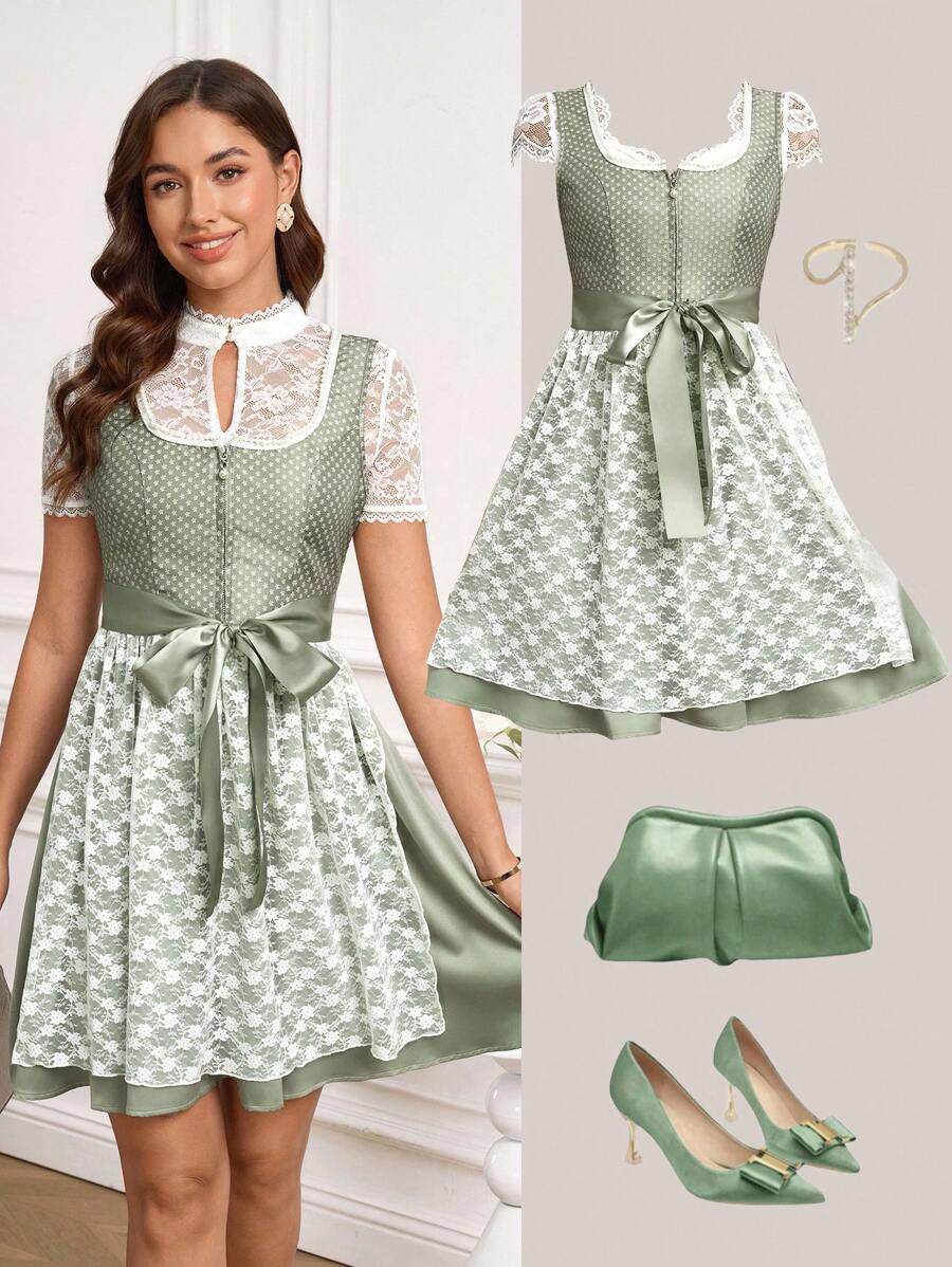 Gownix Gaun Patchwork Renda Elegan, Cocok untuk Oktoberfest, Dirndl, dan Acara Oktoberfest lainnya. - Hijau - View 1