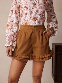 LanaWest 女式灯芯绒荷叶边口袋短裤 - 咖啡棕 - 查看 4