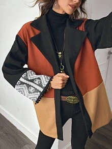 LanaWest Women's Pattern Patchwork Design Loose Flare Sleeve Casual Daily Versatile Woolen Autumn/Winter Jacket - Multicolor - View 6