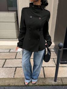 Muchica Women's Woven Solid Color Double-Breasted Casual Long Sleeve Trench Coat, Autumn,Fall - Black - View 4