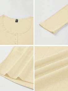 Rafferiza Áo thun dài tay viền ren ngọt ngào dành cho nữ, áo thun trắng 3 nút dáng ôm vừa vặn, thường ngày, vải mặc mùa hè, áo dài tay màu vàng nhạt, áo viền ren, áo len trắng cho nữ, áo nữ, áo vàng bơ cho nữ - Vàng nhạt - Xem 8