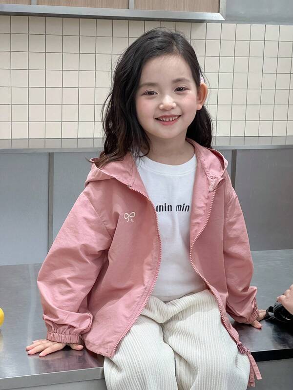 DAZY Young Girls Solid Color Bowknot Drawstring Casual Hooded Jacket With Embroidered Bow Fall/Winter