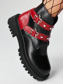 ROMWE Grunge Punk Women Punk Style Ankle Boots, Colorblock Round Toe Chunky Platform 5cm Heel, Metallic Studs, Double Hook And Loop Strap, PU Leather, Daily & Casual - Black - View 3