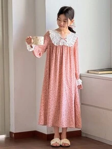 Tween 女童碎花 V 领长袖宽松休闲睡袍，度假休闲碎花长袖连衣裙 - 粉色 - 查看 7