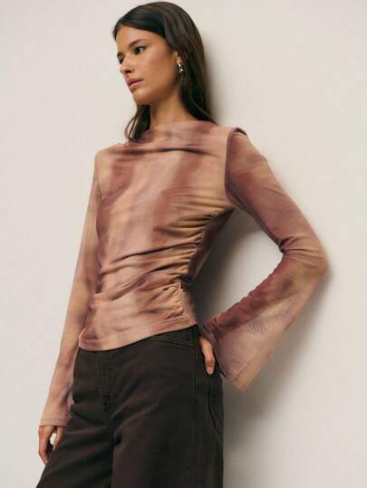 Nöista Sheer Brown Mesh Top With Ruched Detail And Long Sleeves. A Brown Top For Going Out, Elegant Women's Blouse Alternative, Or Layered Fall Favorite Styled For Autumn Clothes Lovers.
