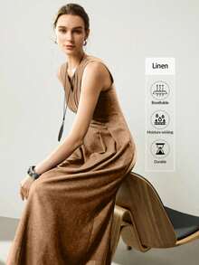 Uhlyne Váy suông vải lanh dệt không tay thanh lịch cổ chữ V, sọc hai túi màu trơn ôm vừa vặn dành cho nữ - Cà phê - Xem 5