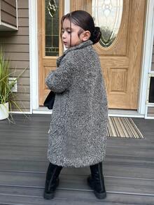 SHEIN Áo khoác dài cổ lông xù dệt kim cho bé gái, áo khoác lông cừu màu xám cho trẻ em, áo khoác lông gấu bông cho bé gái, áo khoác lông xù cho bé gái, áo khoác mùa thu đông. - Màu xám đen - Xem 3