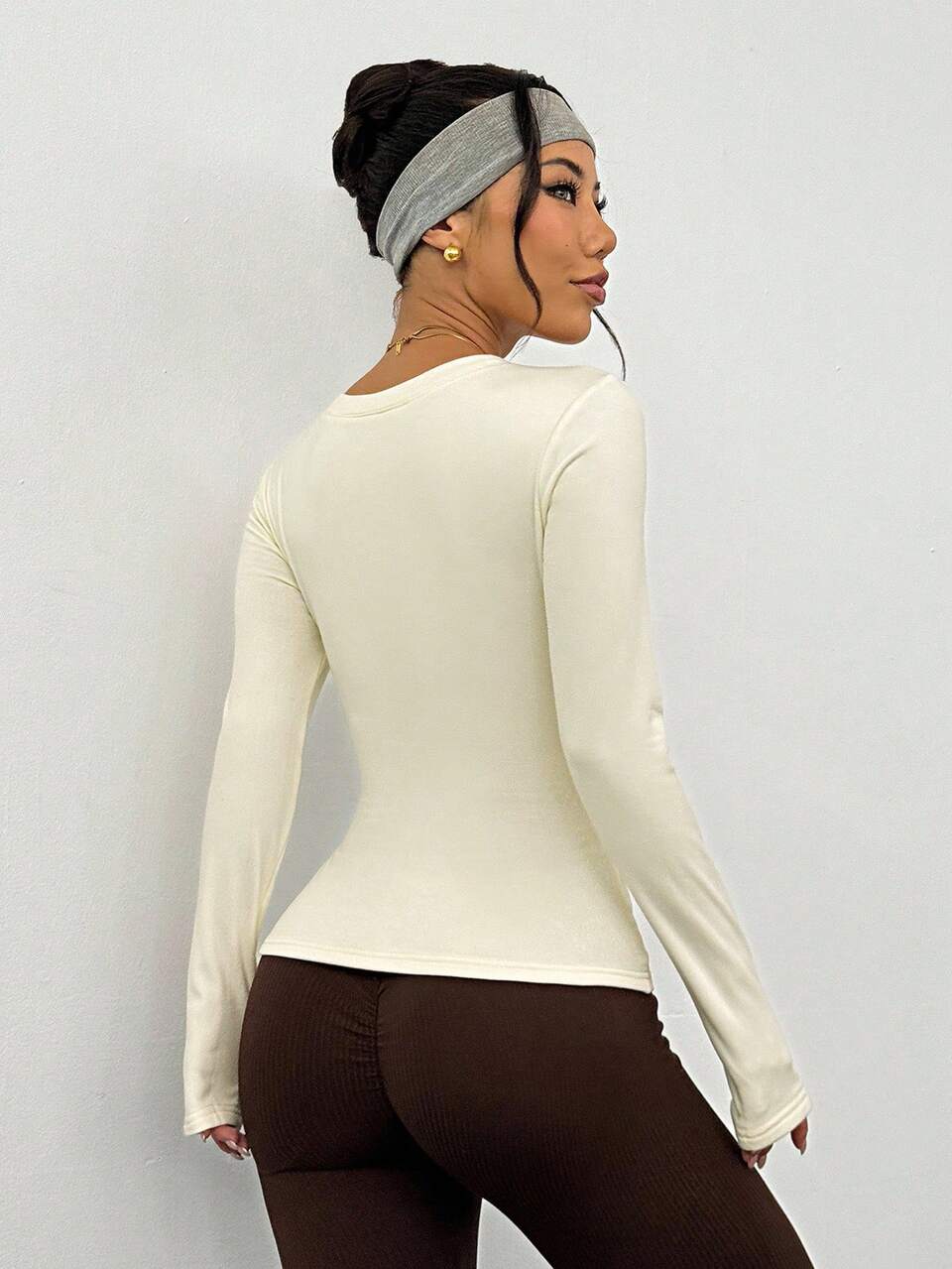 Women's Casual Solid Color Outdoor Sports T-Shirt, Long Sleeve Top