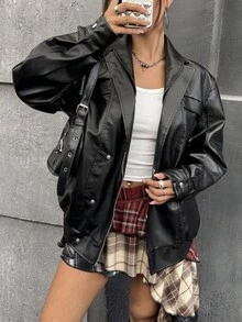 SHEIN ICON Áo khoác da PU cổ kép 2 trong 1 giản dị Áo khoác da đen Áo sơ mi da đen Áo khoác da đen cho nữ Áo sơ mi da cài nút màu đen Áo khoác da giả cho mùa thu/đông - màu đen - Xem 3