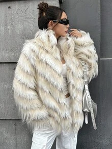 SHEIN ICON Ribbed Faux Fur Casual Loose Jacket White Fur Jacket In Fall/Winter - White - View 4