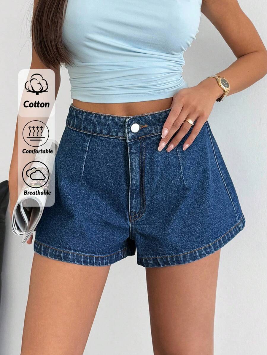 EURMUSE 高腰休闲中度水洗牛仔短裤 - 中等水洗藍 - 查看 1