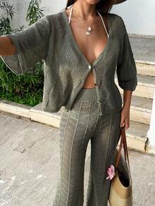 SHEIN Tall 女式高腰两件套钩针沙滩装套装 - 短袖纽扣上衣和高腰半身裙