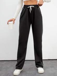 SHEIN Tall Cotton Contrast Piping Drawstring Waist Sweatpants - Black - View 5