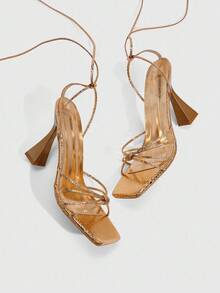 CUCCOO SZL Rose Gold Metallic Strap Tie-Up Metallic Chic Sexy High Heel Square Toe Sandals - Rose Gold - View 6