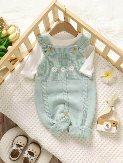 SHEIN 1 件女婴粉色荷叶边肩带连体衣，精致刺绣连体衣，针织，时尚甜美服装