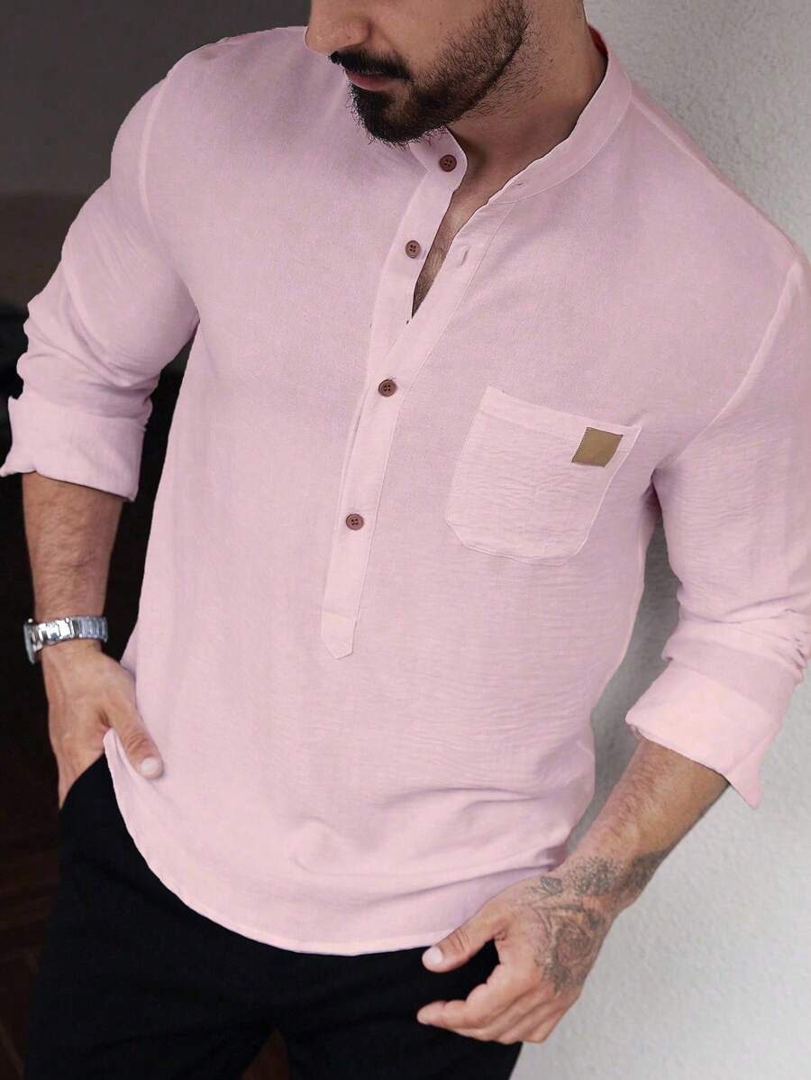 Manfinity Homme Men's Casual Solid Color Stand Collar Long Sleeve Shirt, Spring, Fall - Pink - View 1