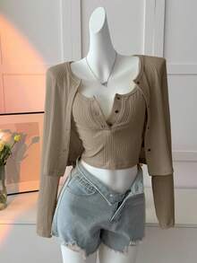 DAZY 2pcs Women Casual Loose Fit Camisole & Short Cardigan Set, Brown, Suitable For Spring, Summer, Autumn Long Sleeve Top
