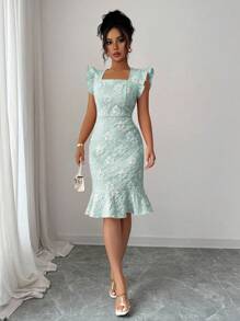 Elenzga 方领荷叶边提花连衣裙 - 薄荷綠 - 查看 3