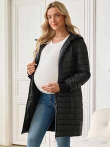 SHEIN Maternity Solid Color Long Sleeve Zip-Up 3-In-1 Hooded Jacket, Autumn/Winter - Black - View 3