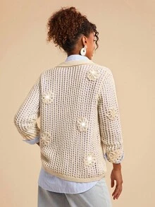 Travachic Cardigan femme à manches longues avec décoration florale 3D, style croisé avec effet ajouré. Cardigan , style western, en crochet et tricot ajouré, pour l'automne et l'hiver. Cardigans d'été. Cardigan western, style casual pour femme, automne, chic, pour sortir, élégant, style campagne pour femme - Beige - Voir 2