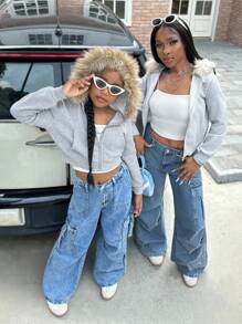 SHEIN Tween Girl Colorblock Fuzzy Decor Hooded Zip-Up Sweatshirt , Winter , Graduation Long Sleeve Top, Back To School, Faux Fur Collar Mommy And Me Matching Sets (2 Pieces Sold Separately) Grey - Grey - View 7