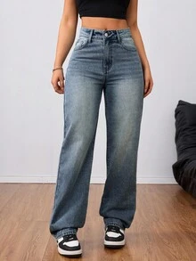 SHEIN Tall 女式高腰男友牛仔裤，褪色浅蓝色水洗 Y2K 风格牛仔裤 - 深色水洗藍 - 查看 5