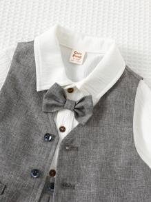 Cozy Pixies Bộ trang phục quý ông thu đông 3 món cho bé trai, bao gồm áo khoác vest xám, quần có quai rời có cạp chun và áo sơ mi dài tay màu trắng có nơ - Nhiều màu - Xem 6