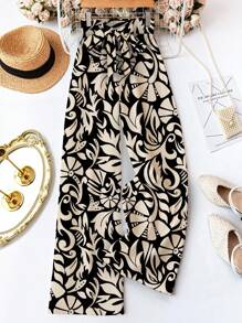 SHEIN LUNE Pantalones largos de mujer con cintura suelta y estampado floral casual, adecuados para primavera/verano