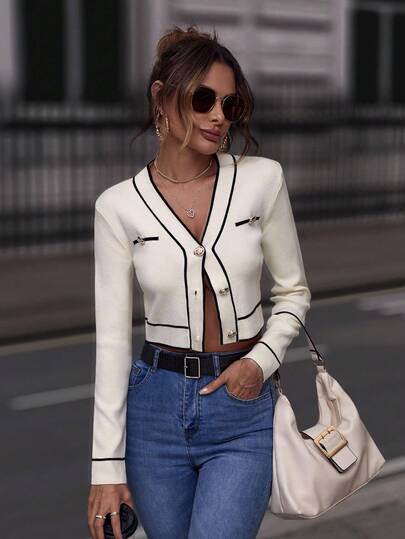 Solivie Cárdigan blanco con ribete de contraste y botones delanteros, tops de manga larga para otoño/invierno