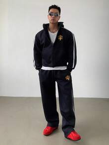 DAZY Men's Autumn Zip-Up Hoodie Set With Side Stripe, Letter Print Design, Streetwear Style - Navy Blue - View 6