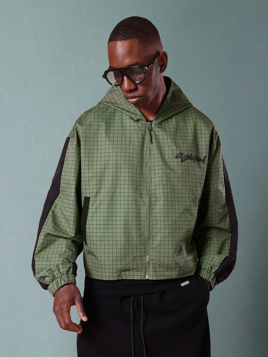 SUMWON Classic Grid Print Windbreaker Jacket With Hood Zip Front Quarter Panel Design Monochrome Check Pattern Street Style Casual Lightweight Spring Fall Fashion - Multicolor - View 1