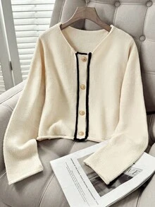 Franclia Cárdigan de punto casual y vintage con ribete de contraste y abotonadura sencilla para mujer, para otoño/invierno. Ropa universitaria y de otoño para mujer.