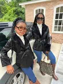 SHEIN Tween Girl Solid Color Long Sleeve Casual Oversized Collar PU Patchwork Fleece Drawstring Waist Jacket Coat (2 Piece Set Sold Separately), Autumn/Winter Outerwear, PU Jacket Coat Mommy And Me Matching Outfits - Black - View 10