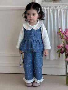 DAZY 2pcs Baby Girls' Casual Butterfly Print Denim Set, Crew Neck Fall/Winter Toddler Girls Clothes - Blue - View 7
