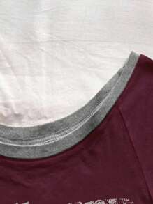 女士字母印花圆领简约T恤 - 中紫紅色 - 查看 3