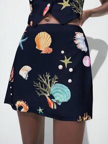 Maija Set da 2 pezzi composto da gilet monopetto con motivo a stelle marine e conchiglie e minigonna, stile urbano casual business, adatto per spiaggia e resort, stile bohémien - Blu Navy - Visualizzare 7