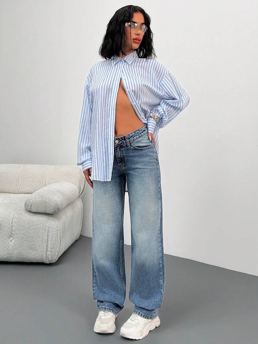EURMUSE Quần jeans ống đứng cạp thấp giặt thường ngày cho nữ - Rửa trung bình - Xem 1