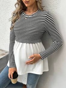 SHEIN Striped Contrast Color Casual Maternity Long Sleeve Round Neck T-Shirt - Black and White - View 5