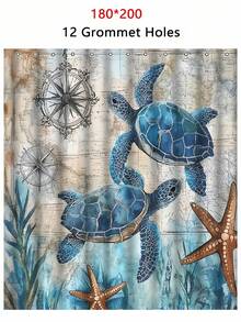SHEIN 1套海龜浴室浴簾，海星藍綠色海藻珊瑚浴室浴簾，配件，海洋生物風景浴簾，浴墊套裝和12個掛鉤，浴室家居裝飾浴簾 - 彩色 - 查看 13